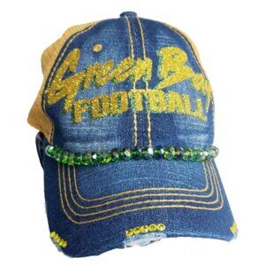 Green Bay Football Denim Adj.Cap with Shiny Glitter, Beads & Swarovski Crystals!